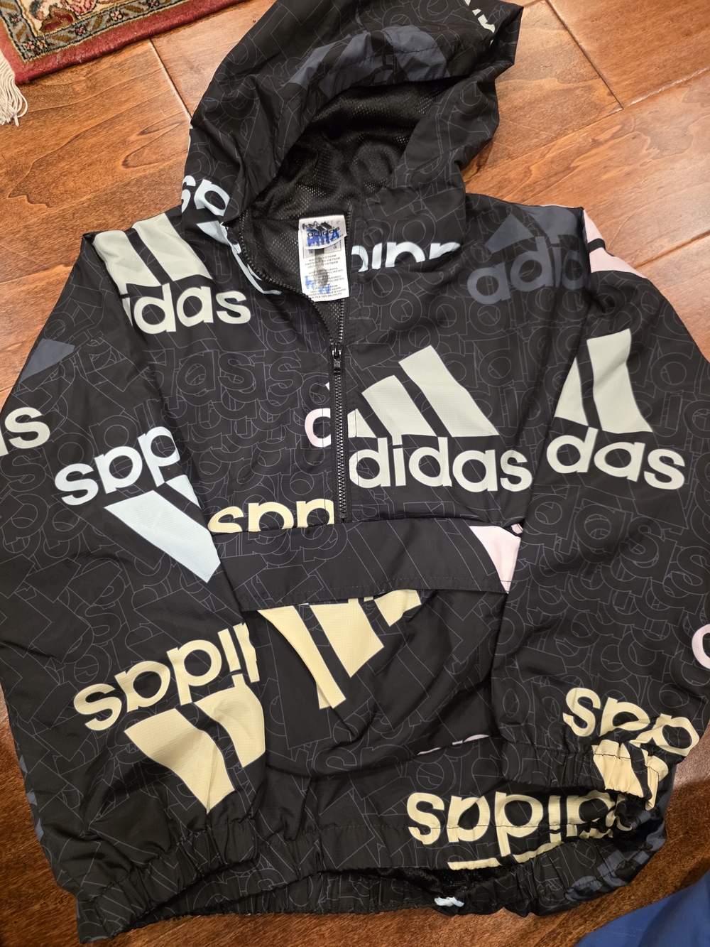 ADIDAS Long Sleeve All Over Logo Print Hooded Windbreaker Jacket Kids Small 7/8